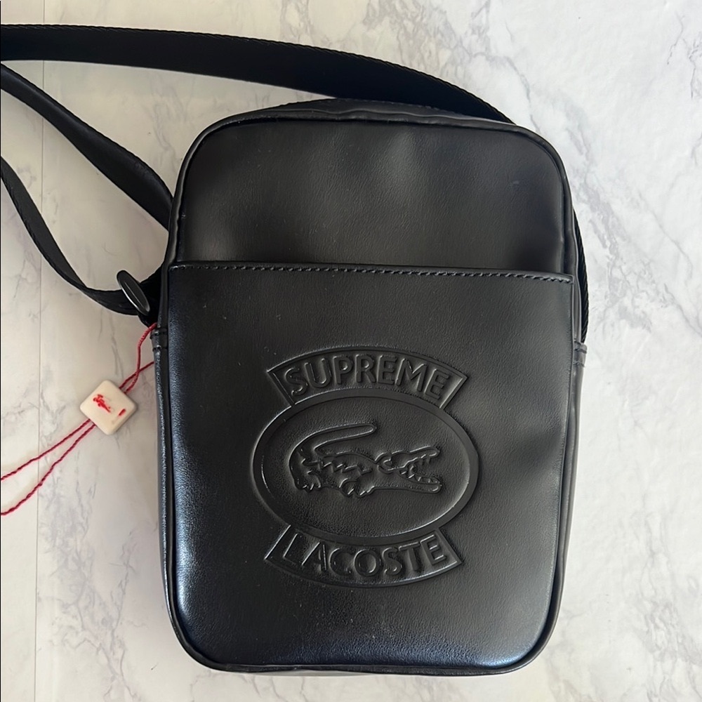 SUPREME X Lacoste Black Messenger Bag with Embossed Logo